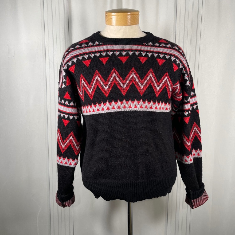 Vintage 80's PROFILE 100% Wool Sweater • Black Red Nordic Ski Geometric Knit • L